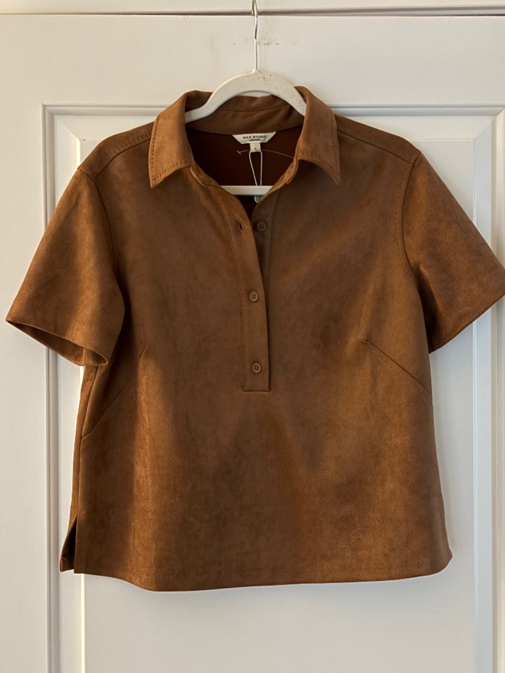 Max Studio London Faux Suede Polo Shirt Brown Women’s Large NWT